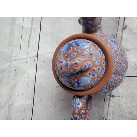 VTG Terra Cotta Clay Handmade Chinese Enamel Blue Butterflies Yixing Teapot 5 In - Picture 4 of 11